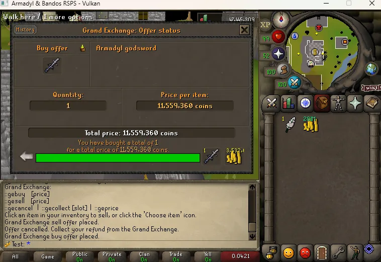 Working Grand Exchange buying an Armadyl godsword in this OSRS Private Server