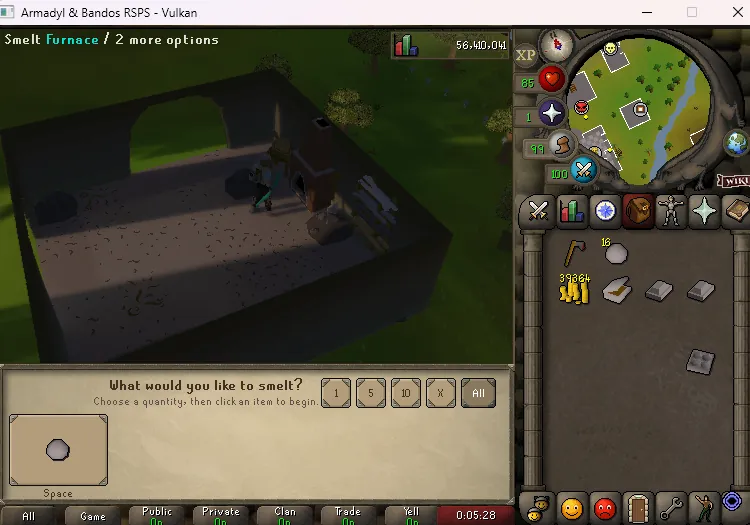 Smithing at a furnace in an Old School Runescape Private Server with all skills